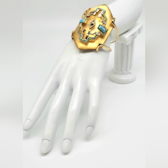 Alexis Bittar Phoenix Deco Gold Lucite Swarovski Crystal + Turquoise Cuff - Picture 5 of 14